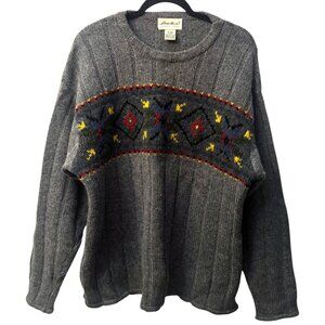 Vintage Y2K Eddie Bauer Intarsia Wool Sweater L Geo Graphic Pattern Stripe Gray